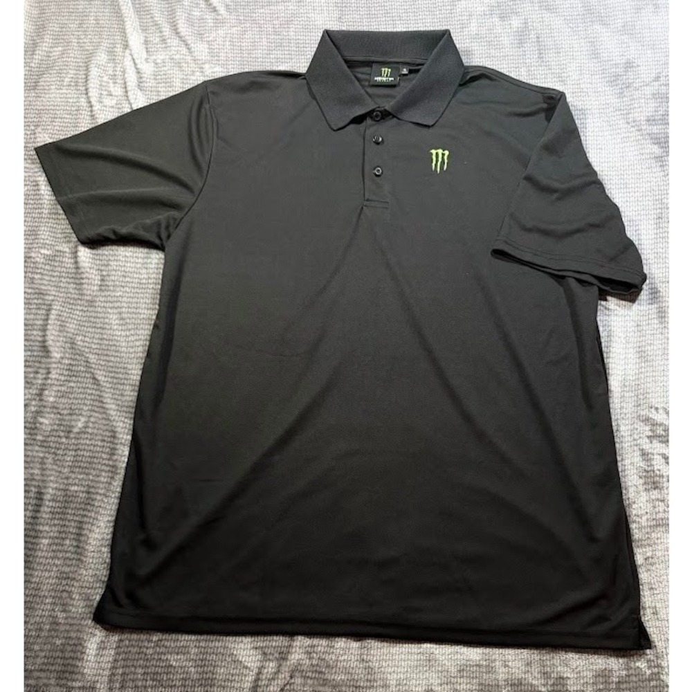 Monster Energy Polo Shirt Mens XL Black Short Sleeve Performance Racing Golf Tee